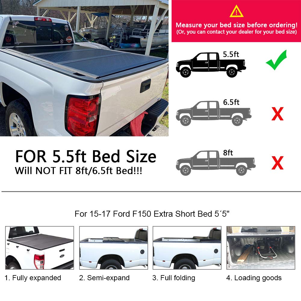Black T3 Tri Fold Hard Top Truck Bed Tonneau Cover Replacement for Ford F150 2015 2016 2017 2018 2019 2020 | 5.5' Extra Short Bed
