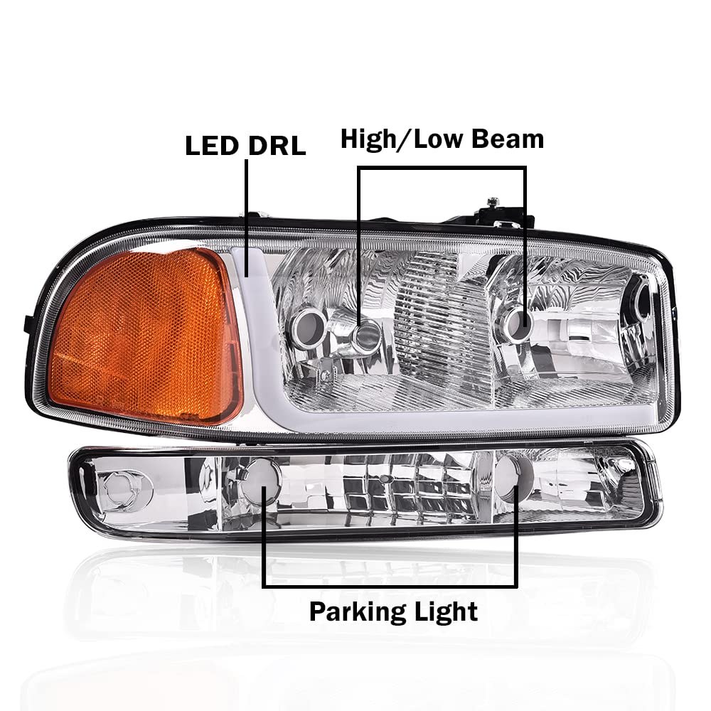 G-PLUS LED DRL Headlights Assembly, Compatible with 1999-2007 GMC Sierra 1500/2001-2007 GMC Sierra 1500 HD Bumper Headlamps, Clear Lens Chrome Housing Amber Reflector,faros delanteros
