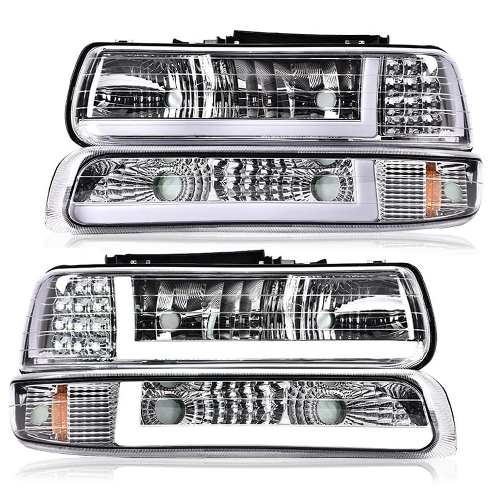 G-PLUS LED DRL Headlights Assembly Fit Chevy Silverado 1999-2002/Fit Tahoe Suburban 1500 2500 2000-2006 Clear Lens Chrome Housing Amber ReflectorBumper Headlamps,faros delanteros