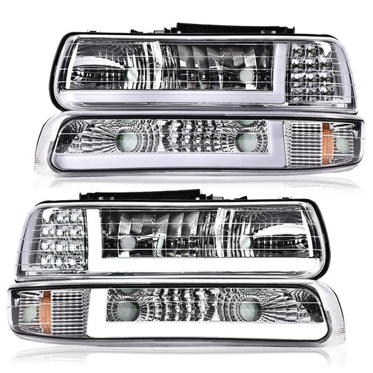 G-PLUS LED DRL Headlights Assembly Fit Chevy Silverado 1999-2002/Fit Tahoe Suburban 1500 2500 2000-2006 Clear Lens Chrome Housing Amber ReflectorBumper Headlamps,faros delanteros