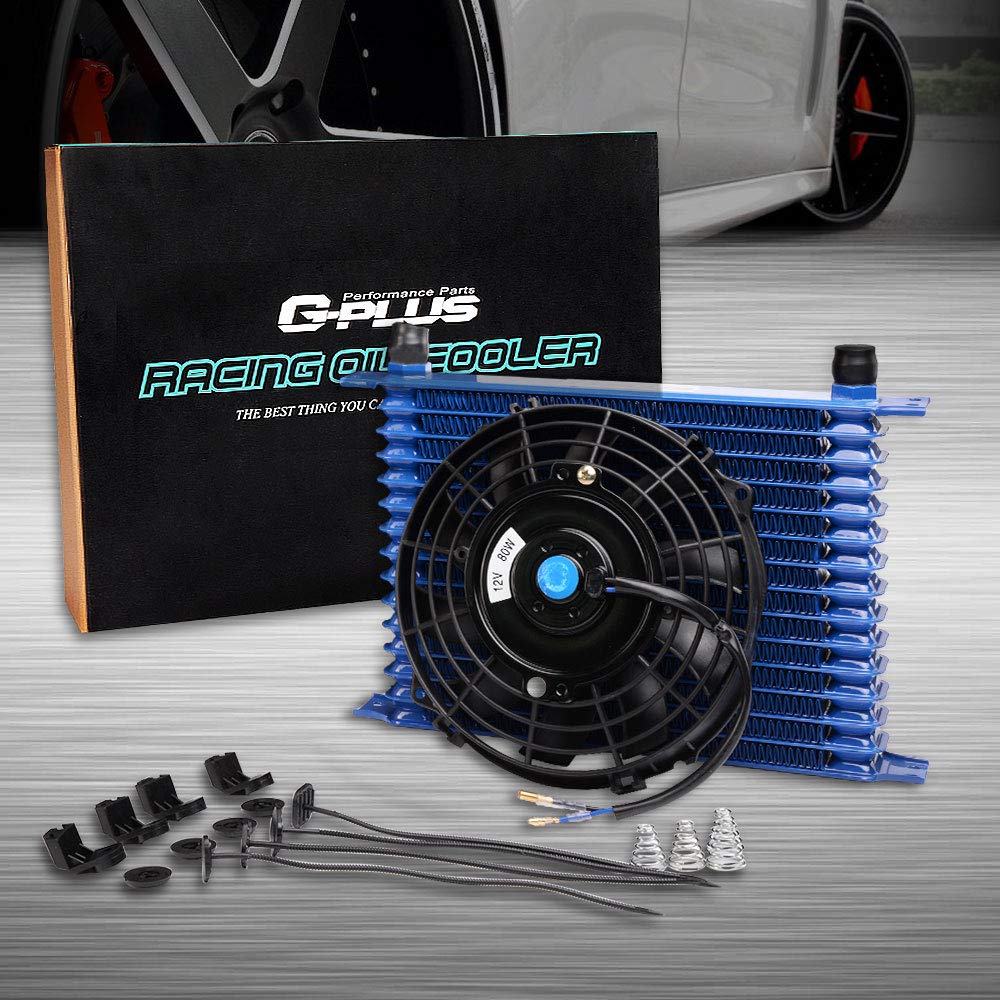 G-PLUS Universal 7" Electric Black Engine Cooling Fan + 15 Row 10AN-AN10 Aluminum Engine Transmission Oil Cooler Blue