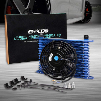G-PLUS Universal 7" Electric Black Engine Cooling Fan + 15 Row 10AN-AN10 Aluminum Engine Transmission Oil Cooler Blue