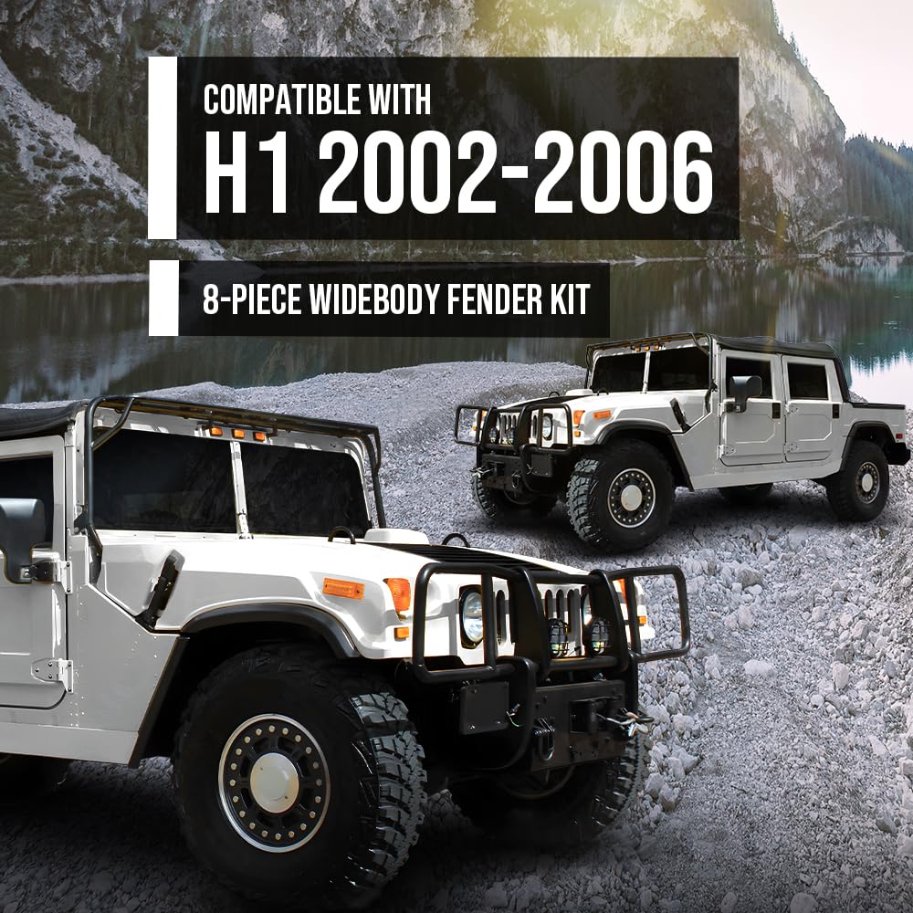 G-PLUS Fender Flares Overfender w/Hardware Compatible with Hummer H1 / Humvee/HMMWV Black 8Pcs