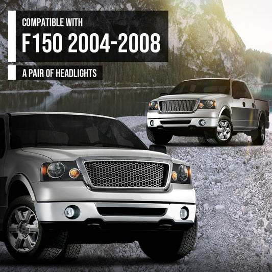 G-PLUS Headlights, Fit 2004-2008 Ford F150/2006-2008 Lincoln Mark Lt(NOT Fit 2004 F150 Heritage/Flareside Beds),Smoky Lens Black Housing Amber Reflector Bumper Headlamps