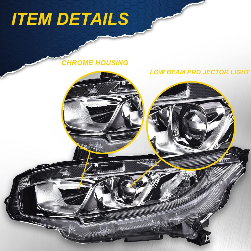 G-PLUS Headlights Assembly, Compatible with 2016 2017 2018 2019 2020 2021 Honda Civic Left bumper Headlamp, Clear lens Chrome Housing Clear Reflector