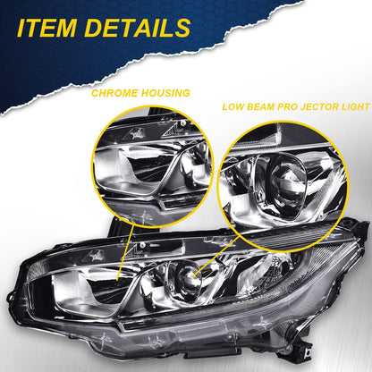 G-PLUS Headlights Assembly, Compatible with 2016 2017 2018 2019 2020 2021 Honda Civic Left bumper Headlamp, Clear lens Chrome Housing Clear Reflector