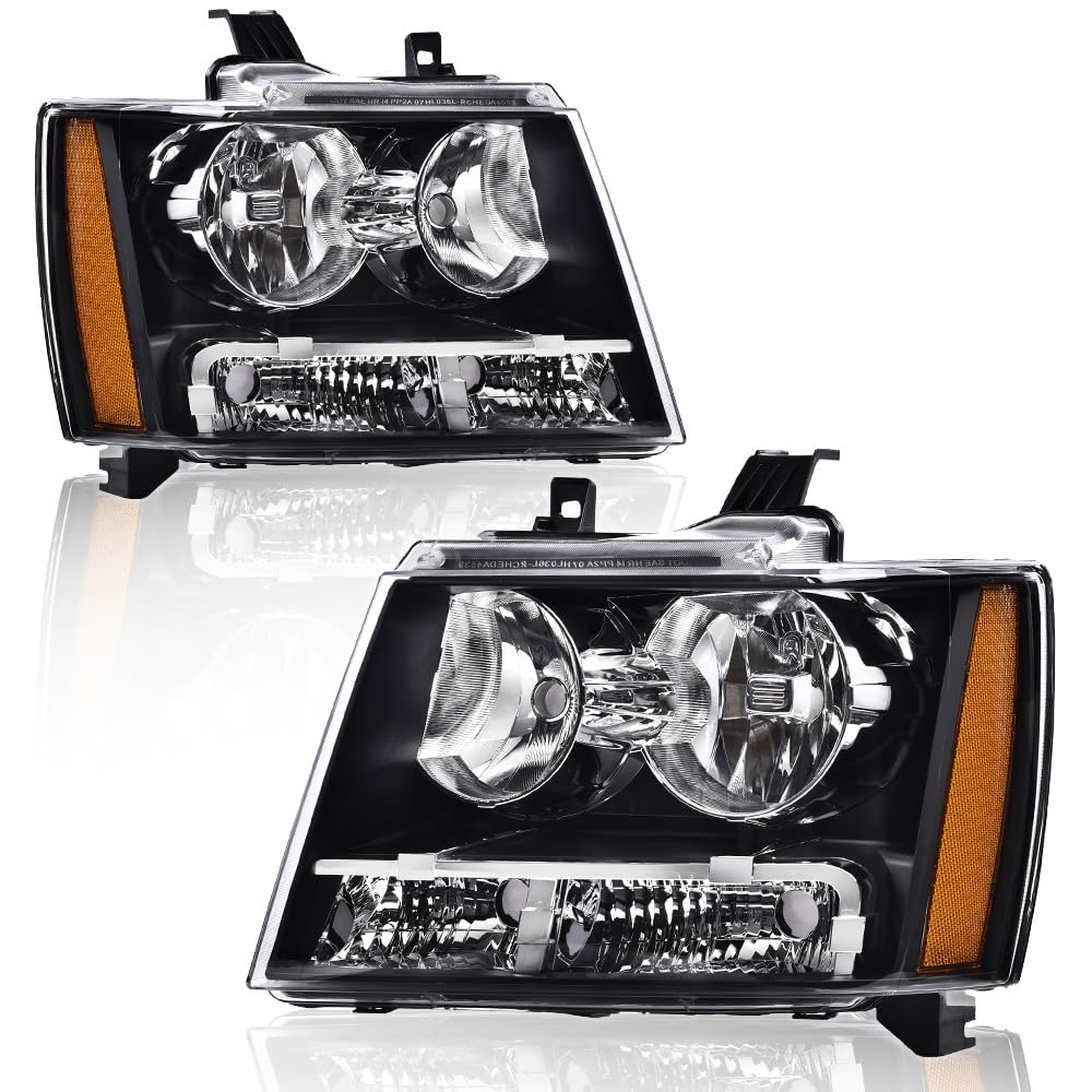 G-PLUS Headlights Assembly Compatible with Chevy Tahoe Subarban Avalanche 2007-2014 Pair Bumper Corner Headlamps Left & Right Clear Lens Black Housing Amber Reflector,faros delanteros