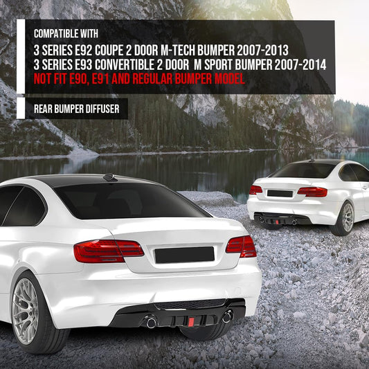 G-PLUS Rear Diffuser Compatible with BMW 3 Series E92 Coupe 2 Door M-Tech Bumper 2007-2013 Not Fit E90, E91 and Regular Bumper Model Rear Bumper Diffuser Lip Glossy Black