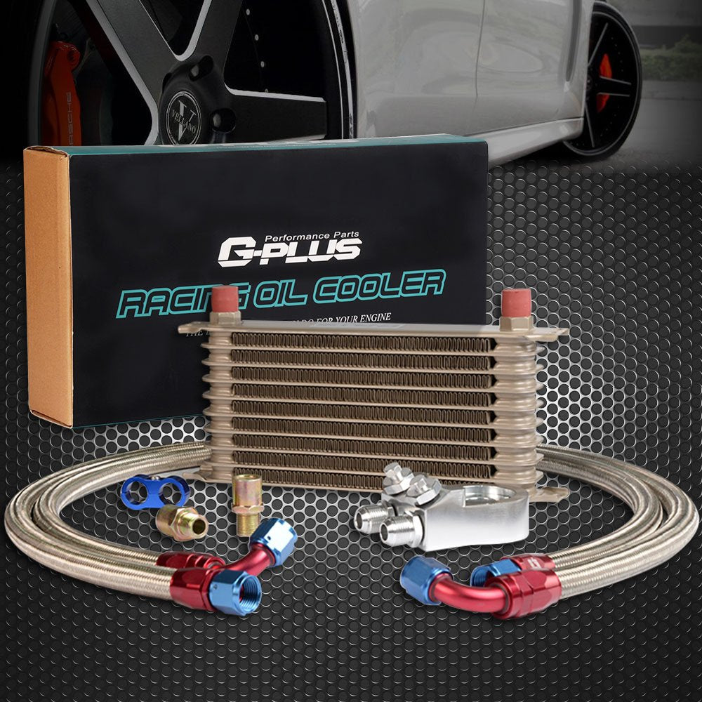 G-PLUS 10 Row 10AN Universal Aluminum Engine Transmition Oil Cooler Kit + Oil Filter Relocation Kit