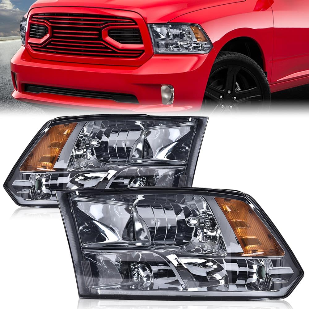 G-PLUS Quad Headlights Fit Dodge Ram 1500-3500 (2009-2012 New Body) - Smoky Lens, Chrome Housing, Amber Reflector Bumper Headlamps,faros delanteros Assembly