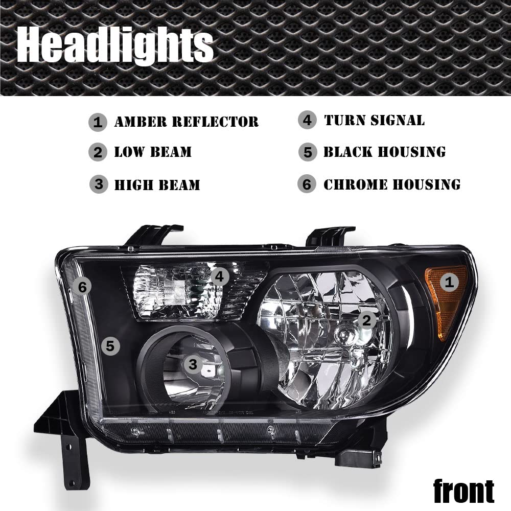 G-PLUS Headlights Compatible with Toyota Tundra 2007-2013/Compatible with Toyota Sequoia 2008-2017 Headlamps Pair Halogen Clear Lens Black Housing Amber Reflector,faros delanteros