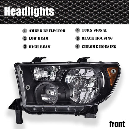 G-PLUS Headlights Compatible with Toyota Tundra 2007-2013/Compatible with Toyota Sequoia 2008-2017 Headlamps Pair Halogen Clear Lens Black Housing Amber Reflector,faros delanteros