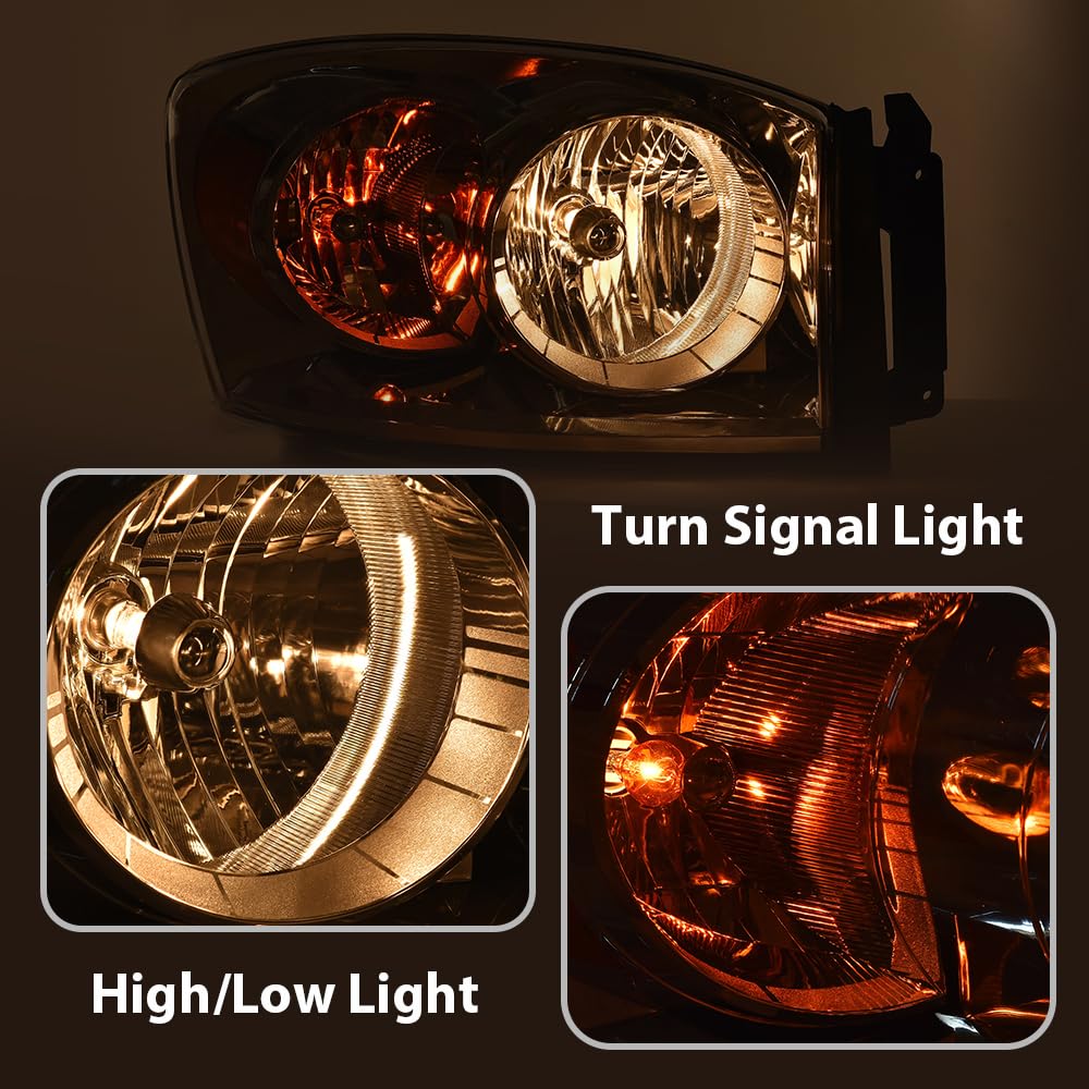 G-PLUS Headlights w/Bulbs Right Passanger Side Compatible with Dodge Ram 1500 2006-2008/Fit Dodge Ram 2500 3500 2006-2009,Clear Lens Chrome Housing Amber Reflector Bumper Headlamps,faros Assembly