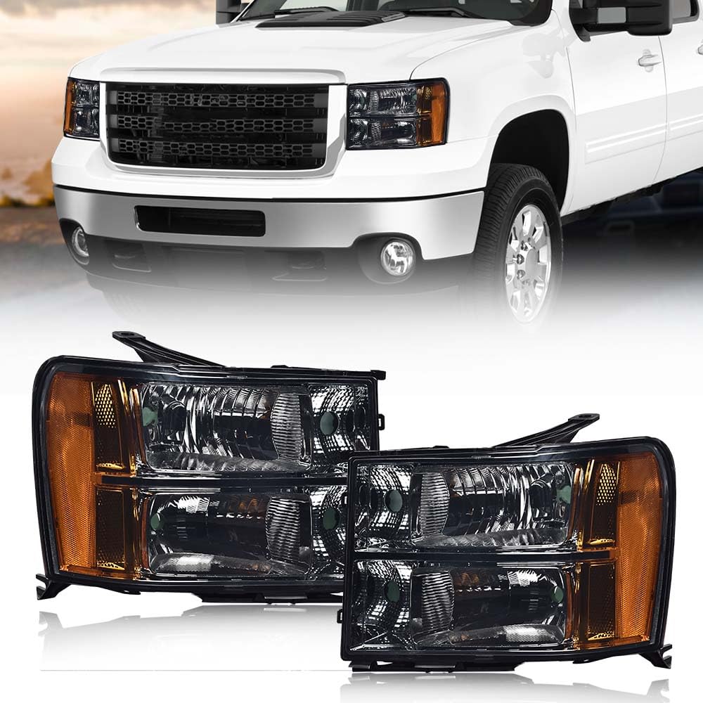 G-PLUS Headlights Assembly Compatible with 2007-2013 GMC Sierra 1500,Fit 2007-2014 GMC Sierra 2500 HD 3500HD Bumper Headlamps, Smoky Lens Chrome Housing Amber Reflector,faros delanteros