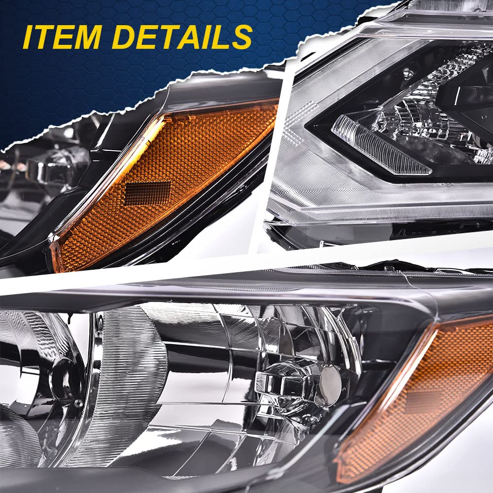 G-PLUS Headlights Assembly, Compatible with 2017 2018 2019 Nissan Rogue Left Bumper Headlamp, Clear Lens Chrome Housing Amber Reflector Bumper Headlamps