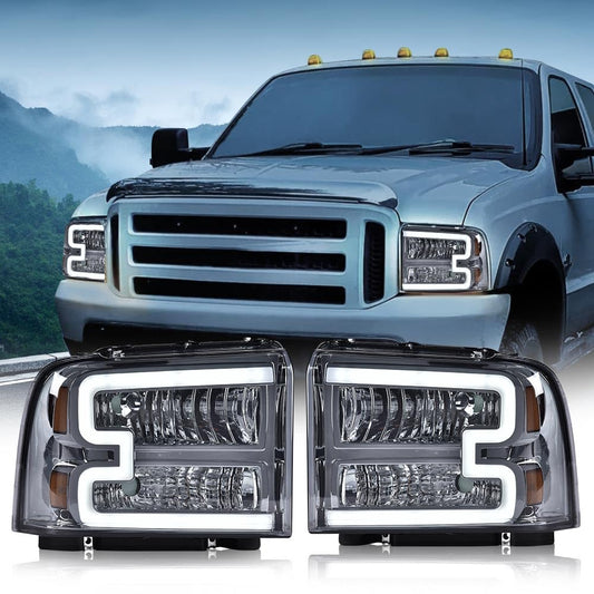 G-PLUS LED Headlights Compatible with Ford F250 F350 F450 F550 Super Duty 2005-2007 DRL BAR Headlamps Smoky Lens Chrome Housing Amber Reflector,faros delanteros