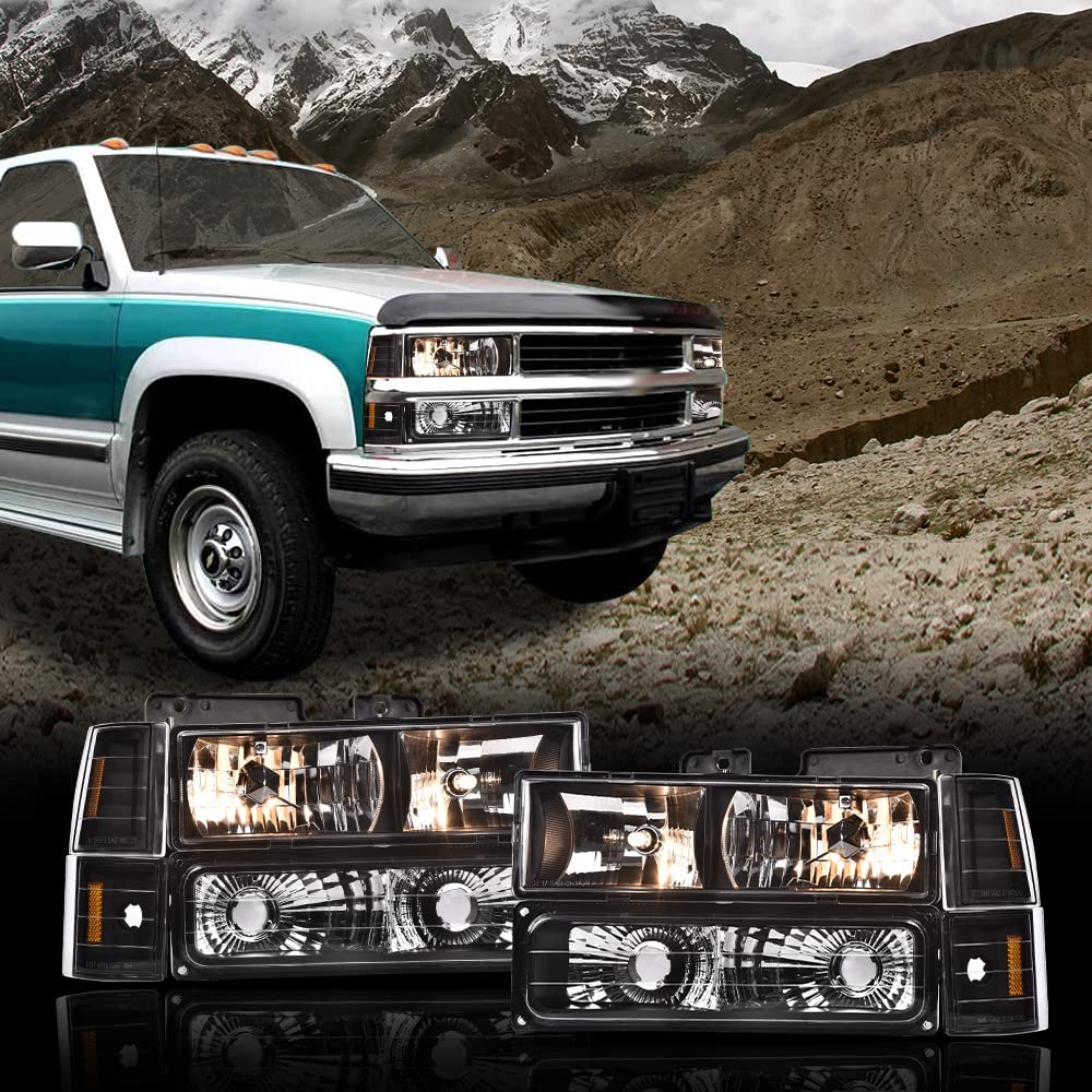 G-PLUS Headlights Assembly, Fit 1994 1995 1996 1997 1998 1999 GMC C1500 K1500 Yukon Bumper Headlamps, Clear Lens Black Housing Amber Reflector,faros delanteros