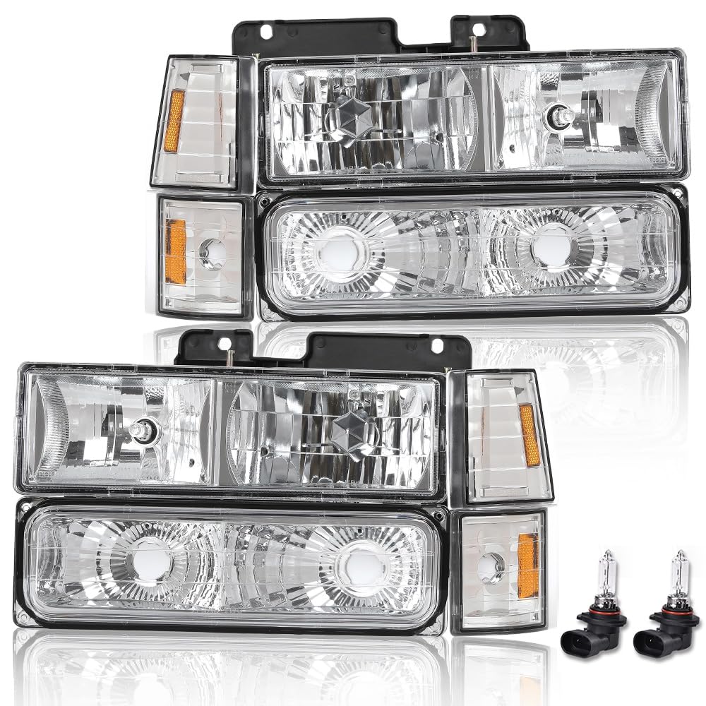 G-PLUS Headlights Assembly w/Bulbs Fit Chevy Suburban C1500 C2500 K1500 K2500 1994-1999, Fit GMC C2500 K2500 1994-2000, Left & Right Headlamps Assembly, Clear Lens Chrome Housing Amber Reflector