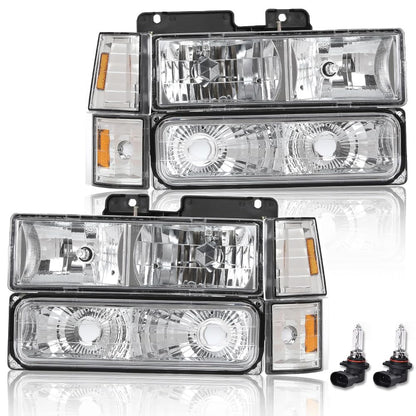 G-PLUS Headlights Assembly w/Bulbs Fit Chevy Suburban C1500 C2500 K1500 K2500 1994-1999, Fit GMC C2500 K2500 1994-2000, Left & Right Headlamps Assembly, Clear Lens Chrome Housing Amber Reflector