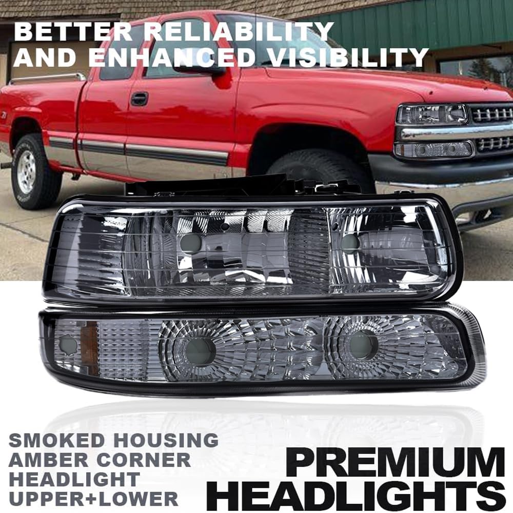 G-PLUS Headlights Assembly, Compatible with 1999-2002 Chevy Silverado/ 2000-2006 Suburban Tahoe Bumper Headlamps, Smoky Lens Chrome Housing Amber Reflector