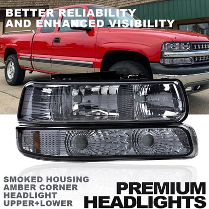 G-PLUS Headlights Assembly,Fit Chevy Silverado 1500 2500 & HD 3500 1999-2002/Fit Chevy Suburban/Tahoe 2000-2006,Corner Bumper Headlamps Smoky Lens Chrome Housing Amber Reflector,faros delanteros