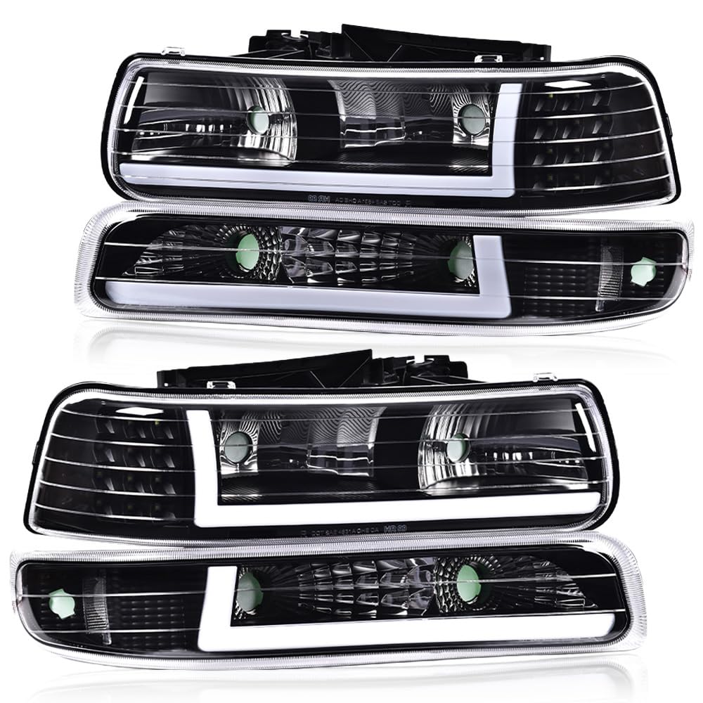 G-PLUS LED Headlights Assembly,Fit Chevy Silverado 1999-2002,Fit Chevy Tahoe/Suburban 1500 2500 2000-2006,Left & Right Bumper Headlamps,Clear lens Black Housing Clear Reflector