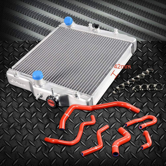 G-PLUS 3 Row Aluminum Racing Radiator Stop Leak & Red Silicone Radiator Hose Pipe Compatible with Honda EK EG Civic DEL B16A B18C 1992-2000