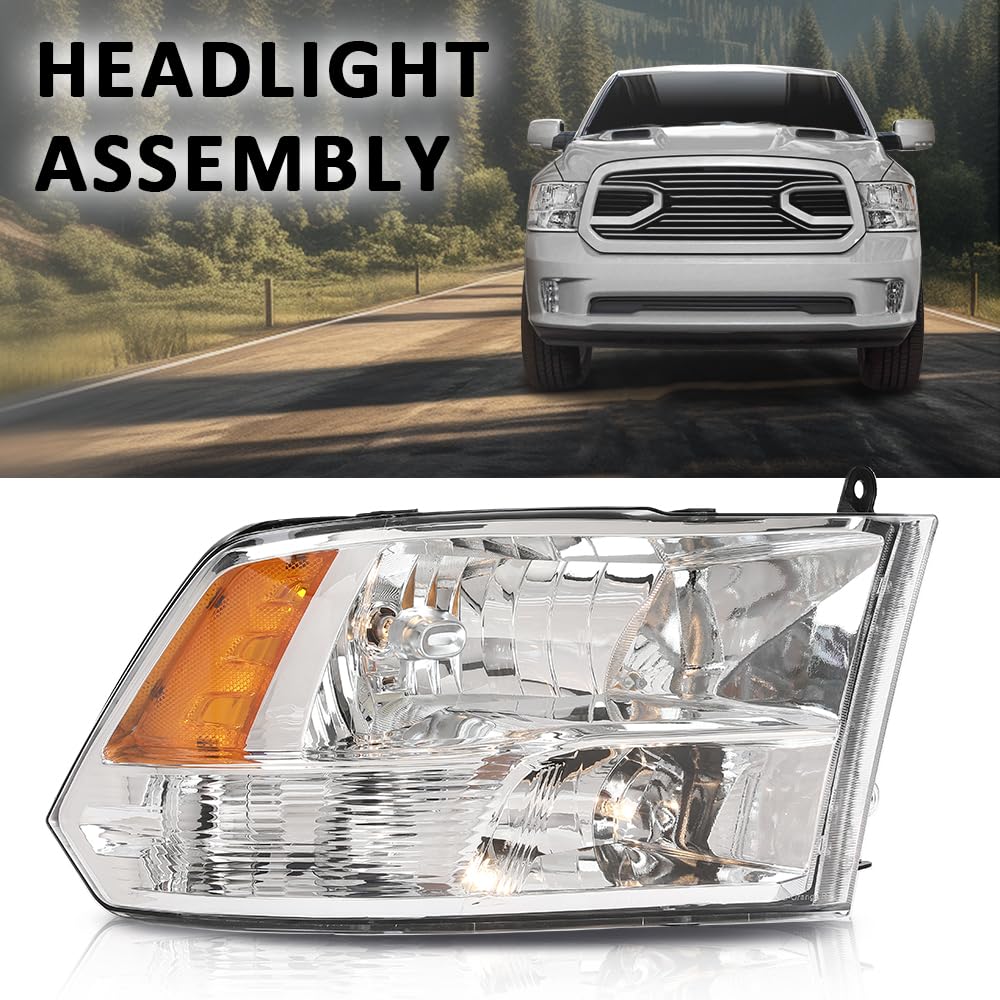 G-PLUS Headlight Assembly w/Bulbs,Fit Dodge Ram 1500 2500 3500 2009-2018 Factory,Front Headlamp Right Passenger Side Clear Lens Chrome Housing Amber Reflector Bumper Headlamps,faros delanteros
