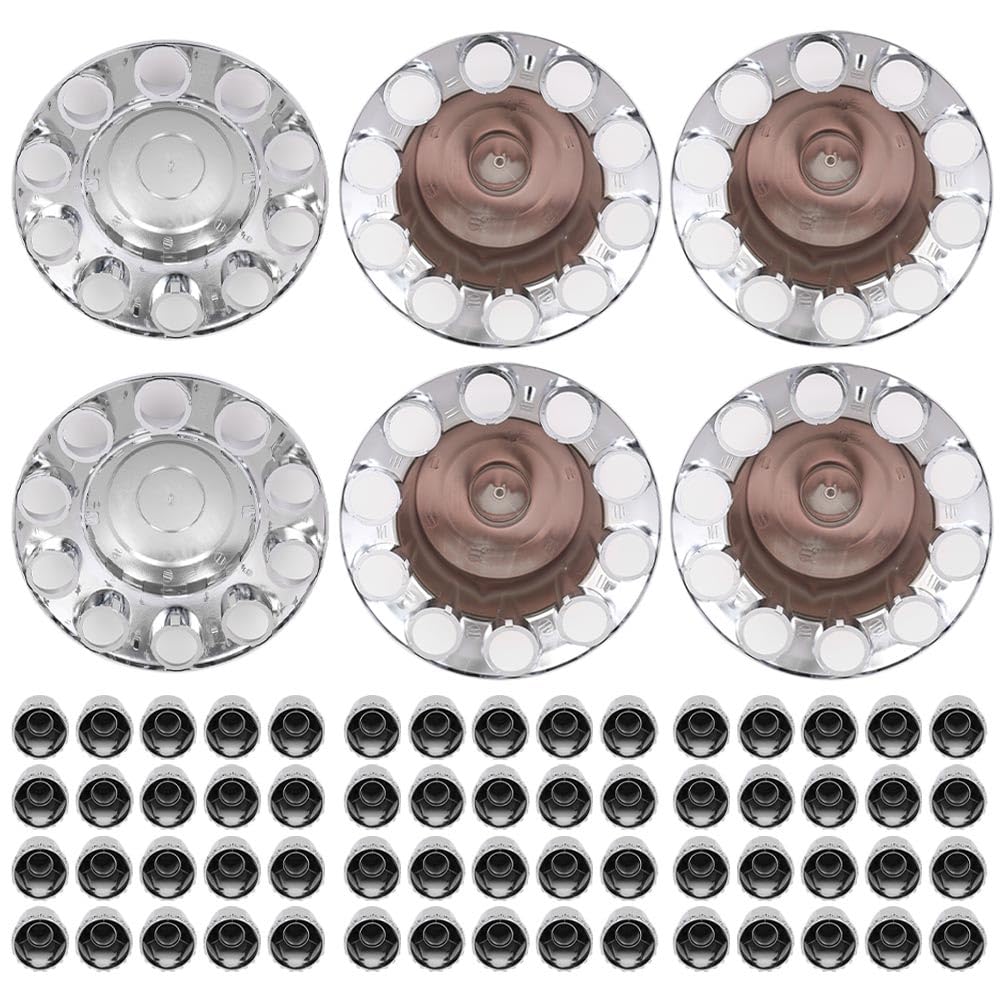 G-PLUS Axle Wheel Covers Removable Hub Caps 2 Front & 4 Rear w/ 33mm Thread-On Lug Nut Covers for Semi Trucks 20" & 22.5" & 24.5" (Chrome ABS Plastic)