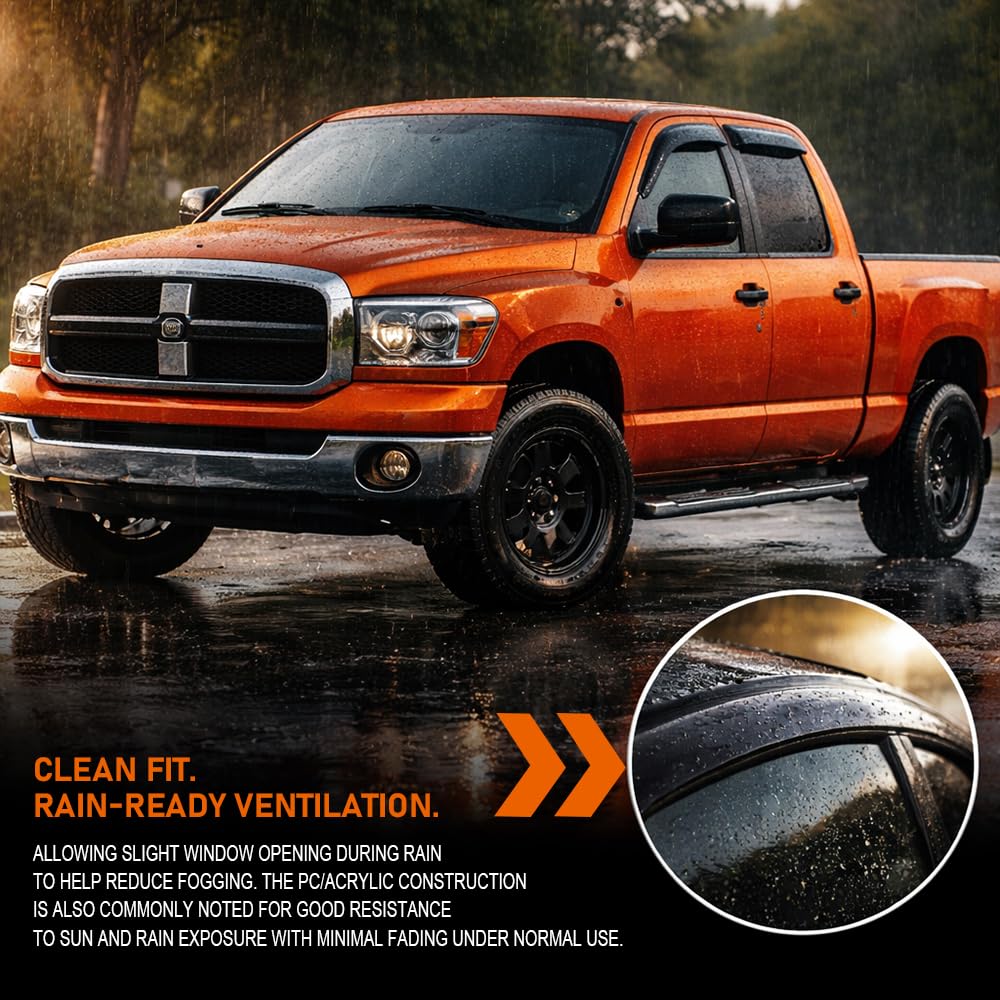 G-PLUS in-Channel Side Window Vent Visor Deflectors Rain Guards Compatible with Dodge Ram 1500 Quad Cab Only 2002-2008(Will Not Fit Crew CAB) Impact-Resistant PC 4 PCS Smoky