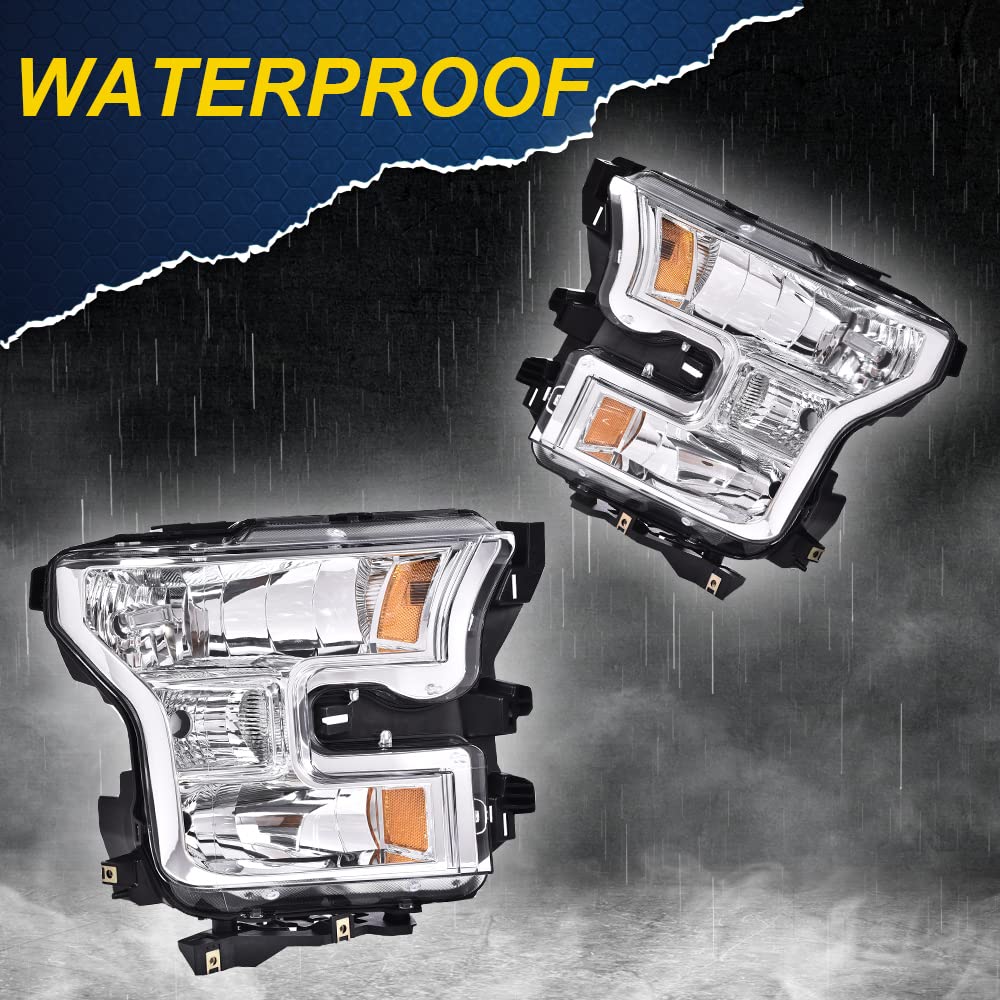 G-PLUS Headlights Assembly, Compatible with 2015 2016 2017 Ford F150,Not Fit w/Factory LED & HID Headlights Left+Right Bumper Headlamps, Clear Lens Chrome Housing Amber Reflector,faros delanteros