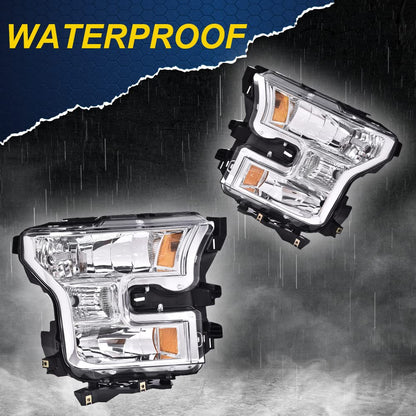 G-PLUS Headlights Assembly, Compatible with 2015 2016 2017 Ford F150,Not Fit w/Factory LED & HID Headlights Left+Right Bumper Headlamps, Clear Lens Chrome Housing Amber Reflector,faros delanteros
