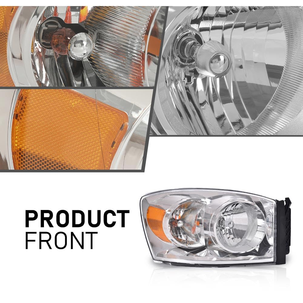 G-PLUS Headlights w/Bulbs Pair Compatible with Dodge Ram 1500 2006-2008/Fit Dodge Ram 2500 3500 2006-2009 68003125AD, 68003124AD, CH2502180, CH2503180 Clear Lens Chrome Housing Amber Reflector