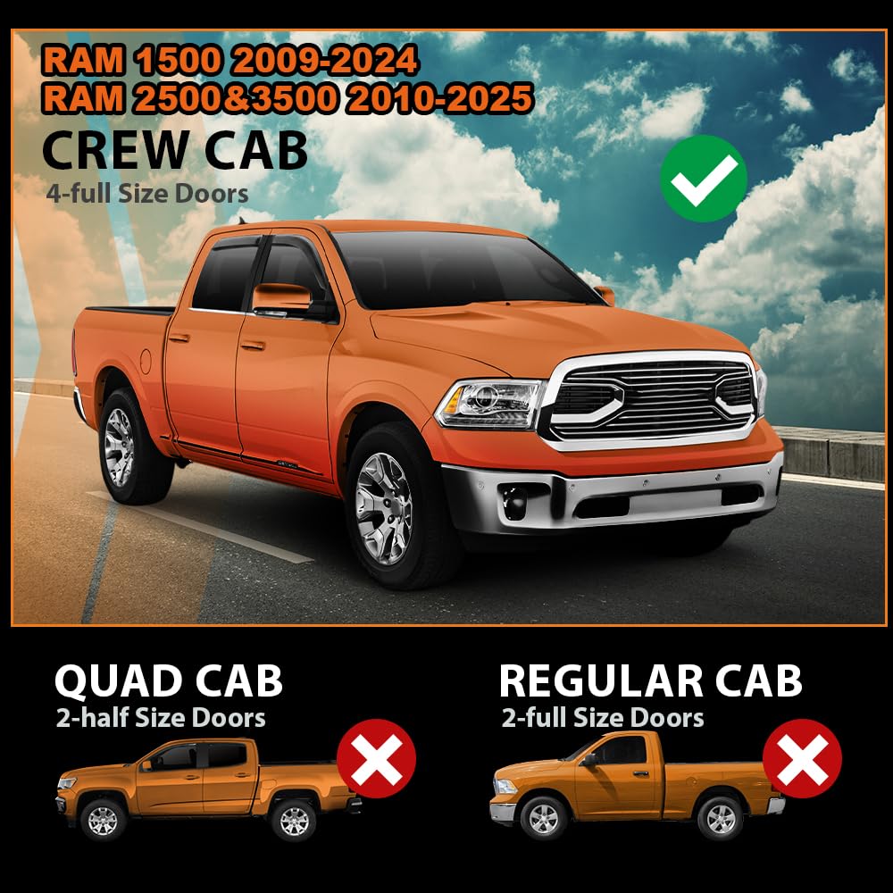 G-PLUS in-Channel Side Window Vent Visor Deflectors Rain Guards Compatible with Dodge Ram 1500 Classic Body Style Crew Cab 2019-2024; Fit Dodge Ram 2500 & 3500 Mega & Crew Cab 2010-2025 4 PCS Smoky