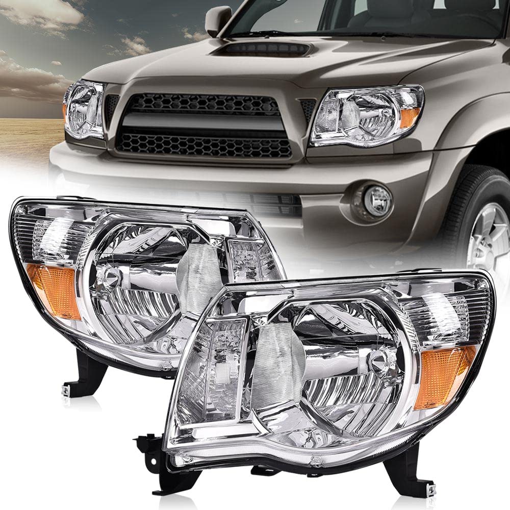 G-PLUS Headlights Assembly Compatible with Toyota Tacoma 2005-2011 Headlamps Pair Halogen Clear Lens Chrome Housing Amber Reflector,faros delanteros