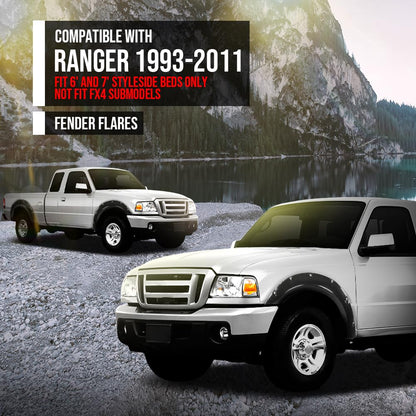 G-PLUS Fender Flares Compatible with Ford Ranger 1993-2011, Fit 6' and 7' Styleside Beds Only, Not Fit FX4 Submodels Black, Smooth Riveted Style