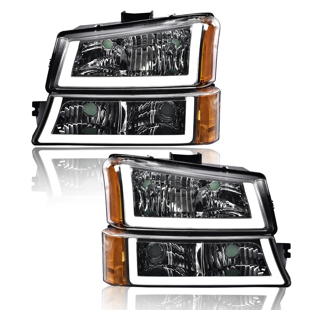 G-PLUS Headlights Assembly Fit Avalanche/Silverado 1500 2500 HD 3500 2003-2006/Fit Silverado 1500 2500 3500 Classic 2007,Smoky Lens Chrome Housing Amber ReflectorBumper Headlamps,faros delanteros