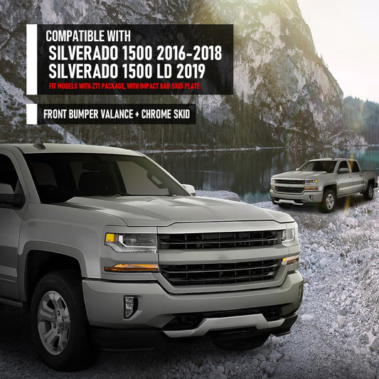 G-PLUS Front Bumper Valance + Chrome Skid Plate Compatible with Chevy Silverado 1500 2016-2018/1500 LD 2019 Fit Models w/ Z71 Package & Impact Bar Skid Plate Black
