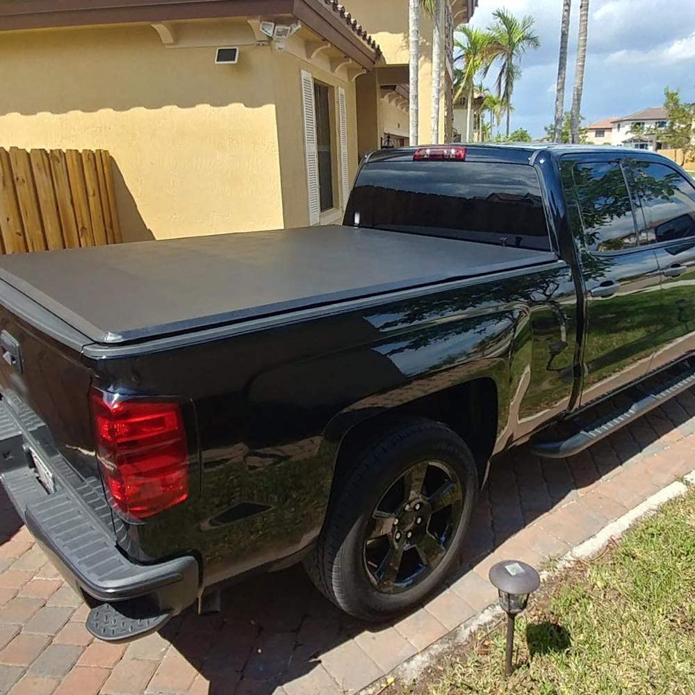 G-PLUS Black Soft Four Fold Truck Bed Tonneau Cover Compatible with 2007-2013 Chevy Silverado/GMC Sierra 1500 2500 HD | Fits 6.6' 6.6ft Bed