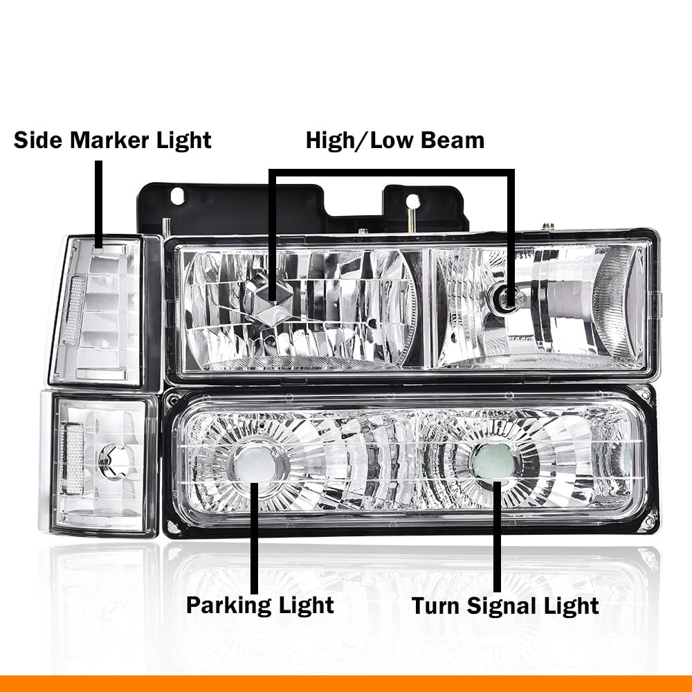 G-PLUS Headlights Assembly w/Bulbs Fit Chevy Suburban C1500 C2500 K1500 K2500 1994-1999, Fit GMC C2500 K2500 1994-2000, Left & Right Headlamps Assembly, Clear Lens Chrome Housing Clear Reflector