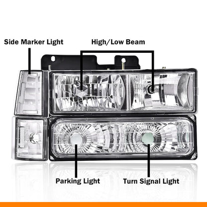 G-PLUS Headlights Assembly w/Bulbs Fit Chevy Suburban C1500 C2500 K1500 K2500 1994-1999, Fit GMC C2500 K2500 1994-2000, Left & Right Headlamps Assembly, Clear Lens Chrome Housing Clear Reflector