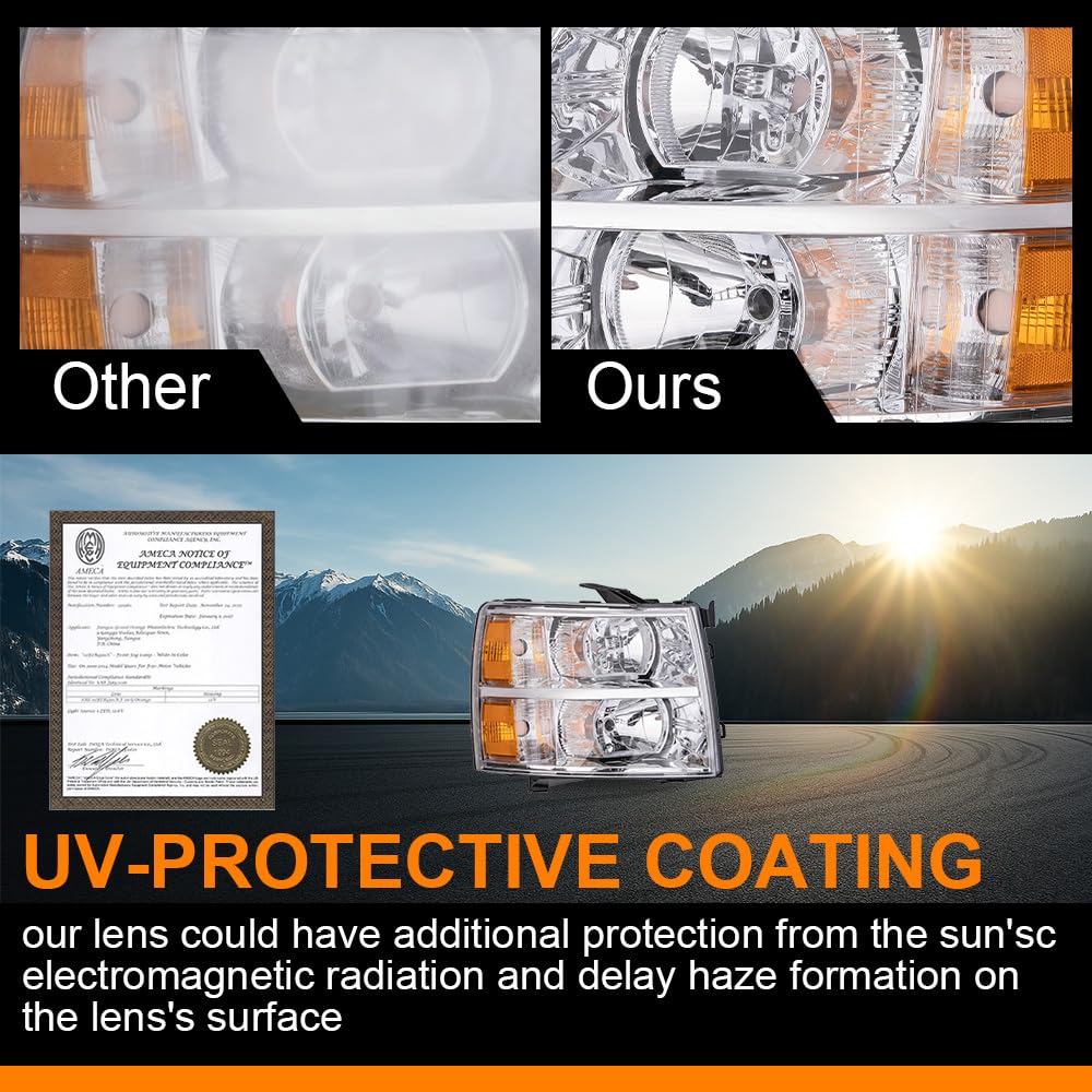 G-PLUS Left Headlights Assembly Compatible with Chevy Silverado 1500 2007-2013/Fit Chevy Silverado 2500 HD 3500 HD 2007-2014 Driver Side Left Headlamp Clear Lens Chrome Housing Amber Reflector