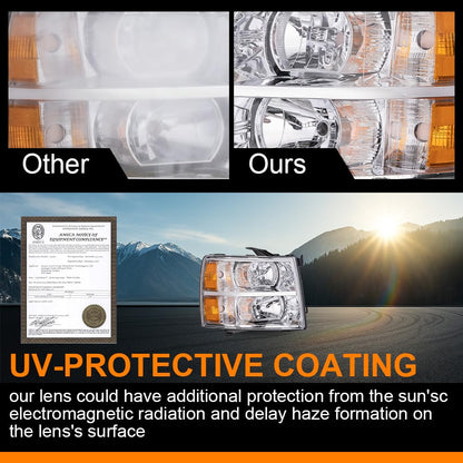 G-PLUS Left Headlights Assembly Compatible with Chevy Silverado 1500 2007-2013/Fit Chevy Silverado 2500 HD 3500 HD 2007-2014 Driver Side Left Headlamp Clear Lens Chrome Housing Amber Reflector