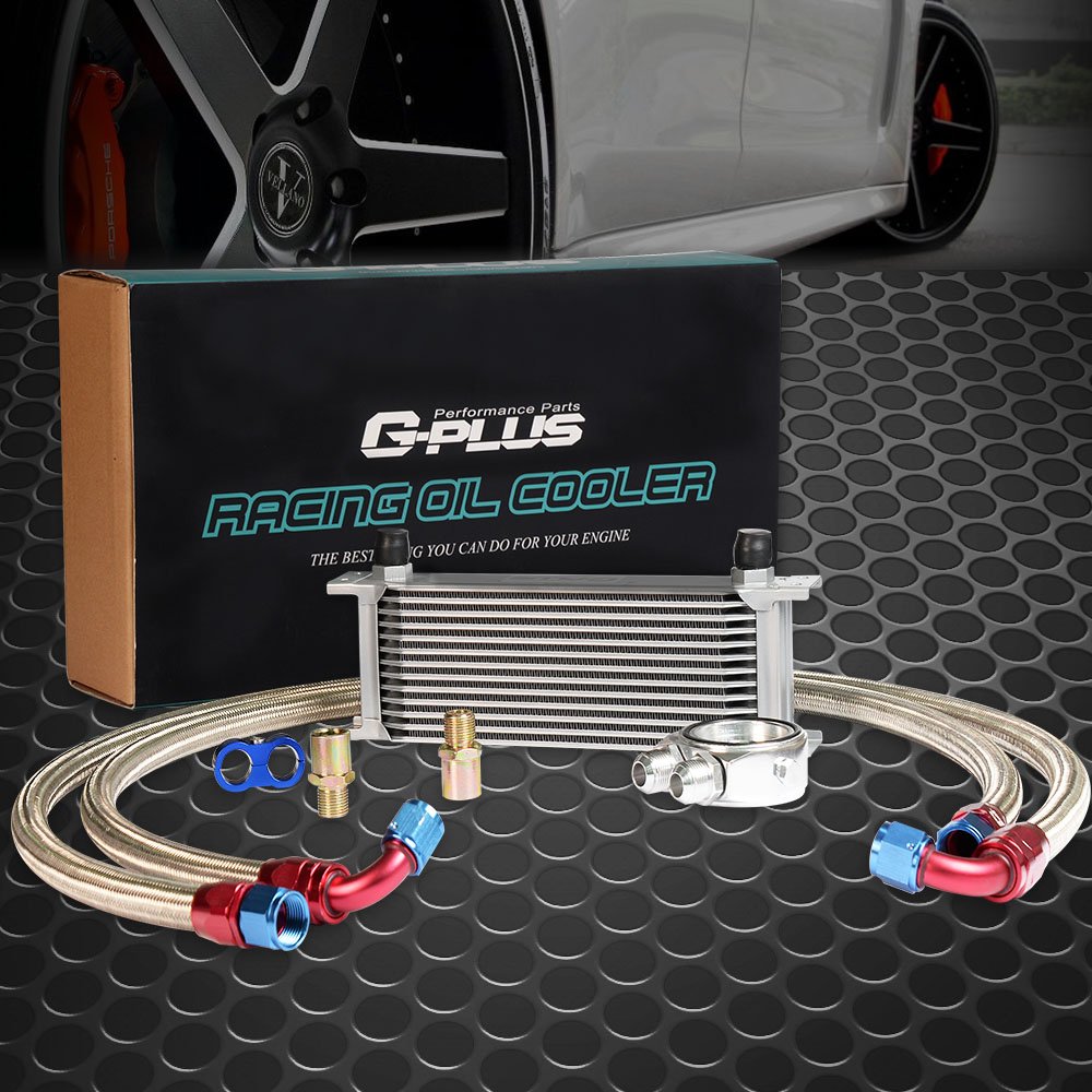 G-PLUS 13 Row AN10 Universal Aluminum Engine Transmission Oil Cooler Kit + Oil Filter Relocation Adapter Kit 10AN English Style Silver