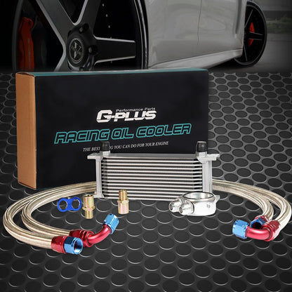G-PLUS 13 Row AN10 Universal Aluminum Engine Transmission Oil Cooler Kit + Oil Filter Relocation Adapter Kit 10AN English Style Silver