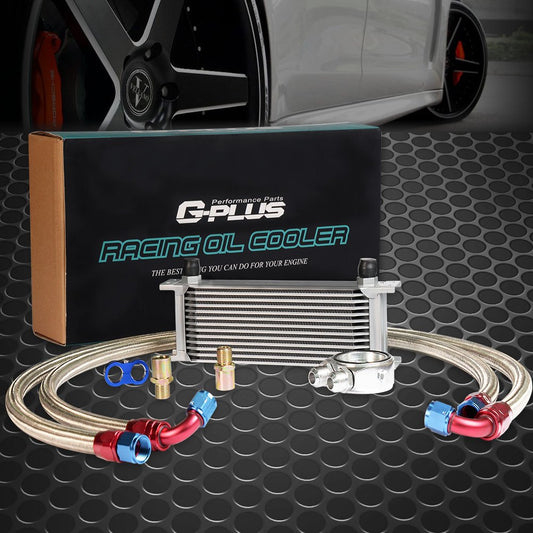 G-PLUS 13 Row AN10 Universal Aluminum Engine Transmission Oil Cooler Kit + Oil Filter Relocation Adapter Kit 10AN English Style Silver