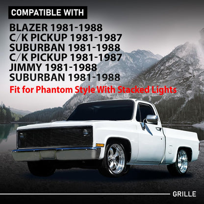 G-PLUS Chrome Billet Grille Compatible with Chevy GMC C/K Pickup Suburban Blazer Jimmy 1981-1988 Main Upper Stainless Steel Front Grill Insert (Phantom Style w/Stacked Lights)
