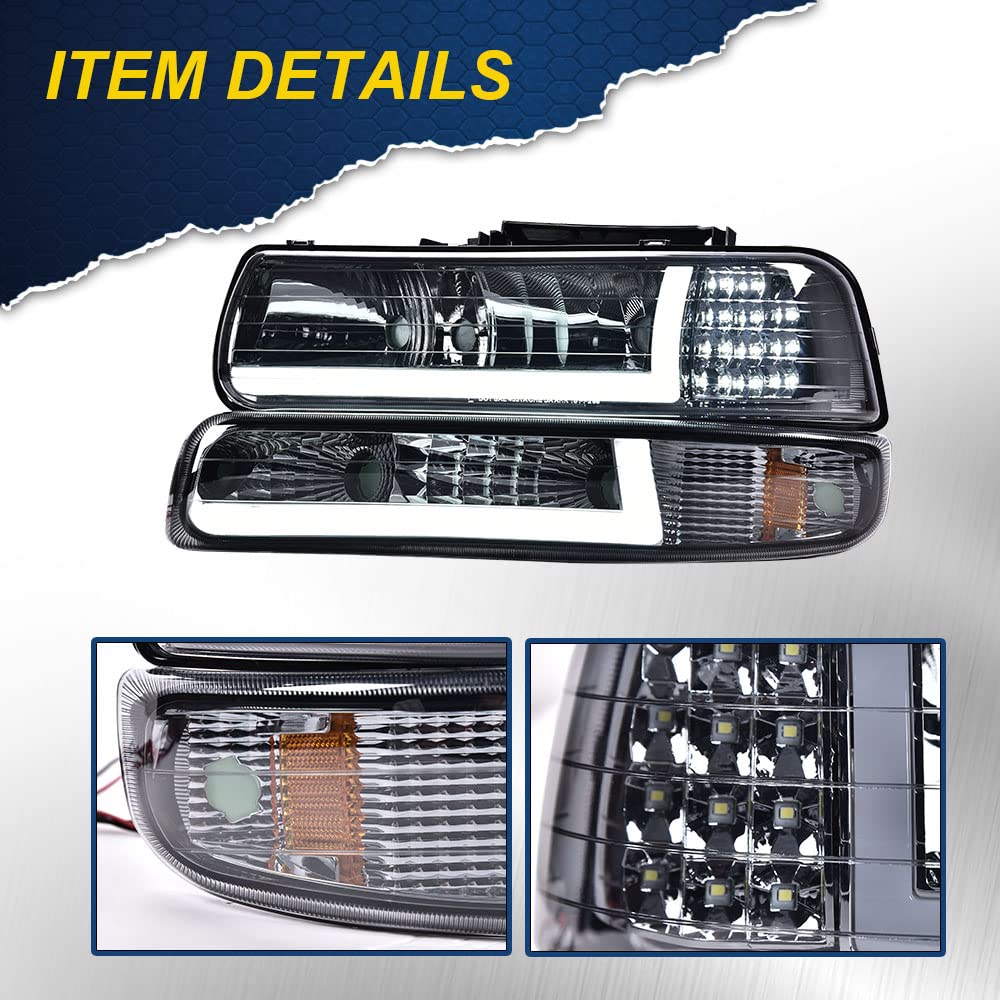 G-PLUS LED DRL Headlights, Compatible with 1999 2000 2001 200 2003 2004 2005 2006 Silverado/Suburban Bumper Headlamps, Smoky Lens Chrome Housing Amber Reflector