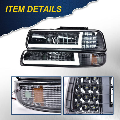 G-PLUS LED DRL Headlights, Compatible with 1999 2000 2001 200 2003 2004 2005 2006 Silverado/Suburban Bumper Headlamps, Smoky Lens Chrome Housing Amber Reflector