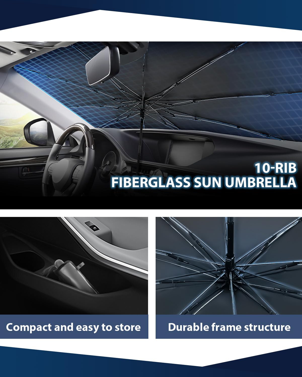 Universal Foldable Windshield Sunshade Sun Shade Umbrella for Cars, Trucks & SUVs,Blocks Heat & Keeps Interior Cool,Long & Short Frequency Demand,Medium (Sunshade 62.99"x33.86",Umbrella 55.12"x31.5")